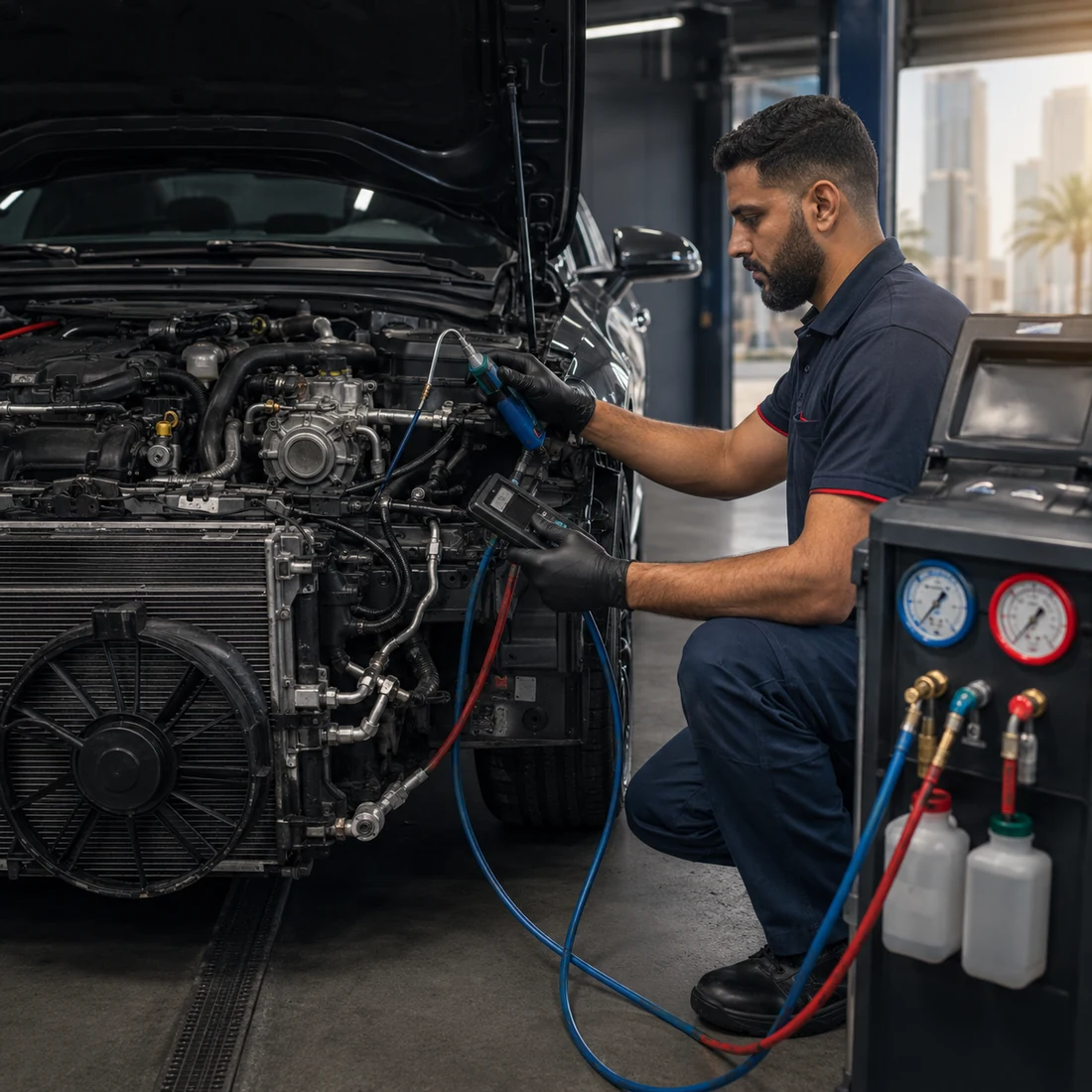 Car AC refrigerant and condenser diagnosis in a Dubai workshop