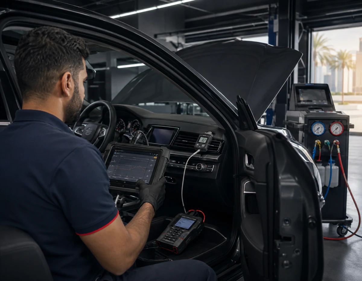 Technician using scan and temperature tools to diagnose a car AC fault