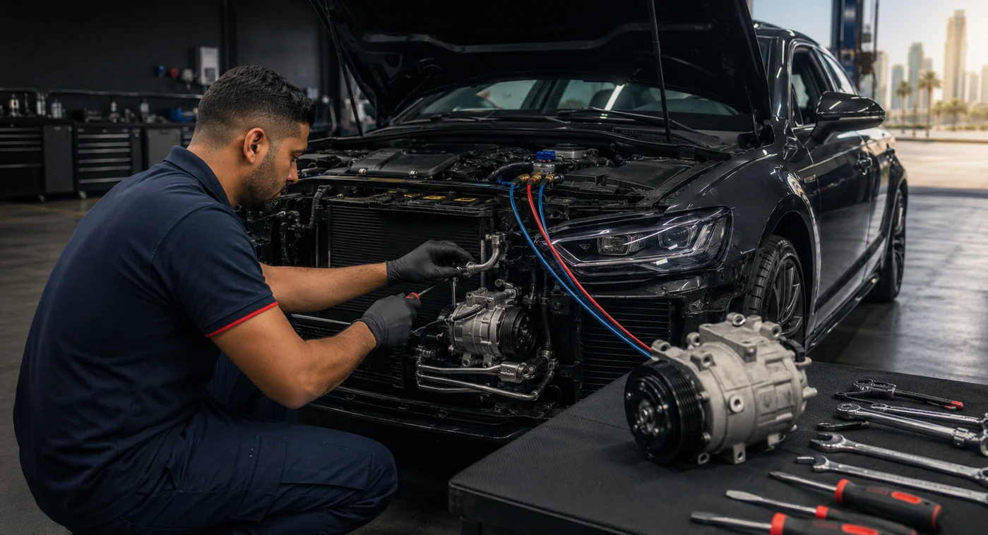 Car AC repair work after diagnosis in a professional Dubai workshop