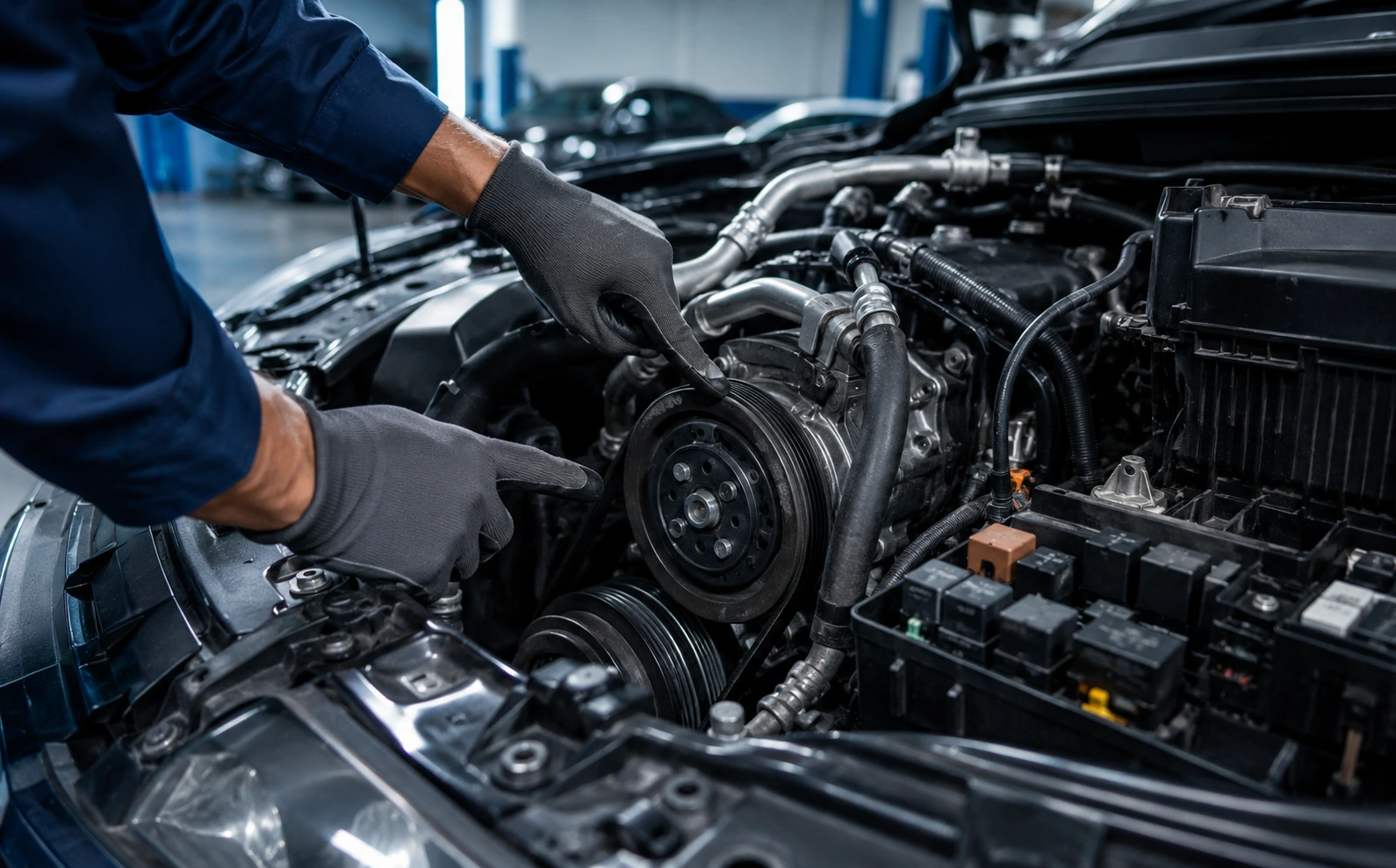 Technician inspecting the AC compressor clutch and belt area