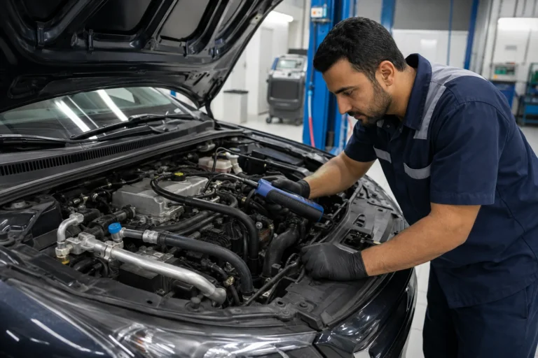 Technician tracing a car AC refrigerant leak with an electronic detector