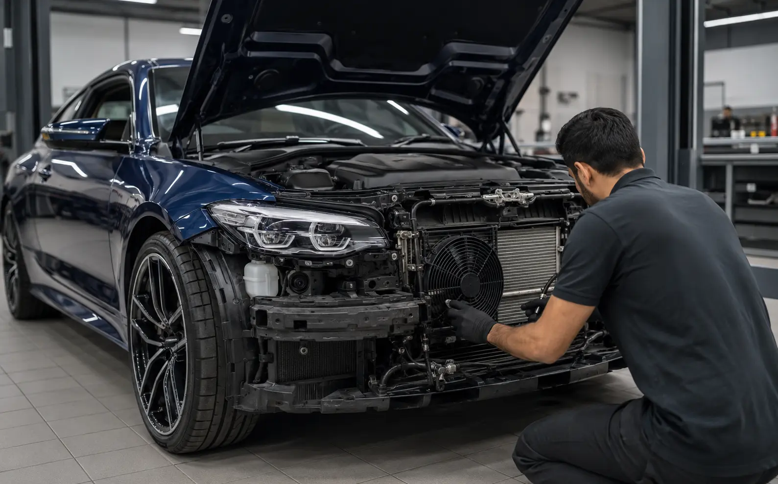 Technician inspecting AC components on a blue performance car