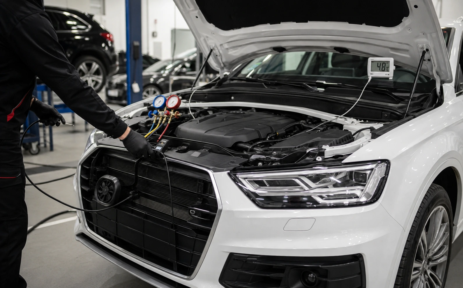 Audi AC system diagnostic with vent temperature and condenser airflow testing in Dubai