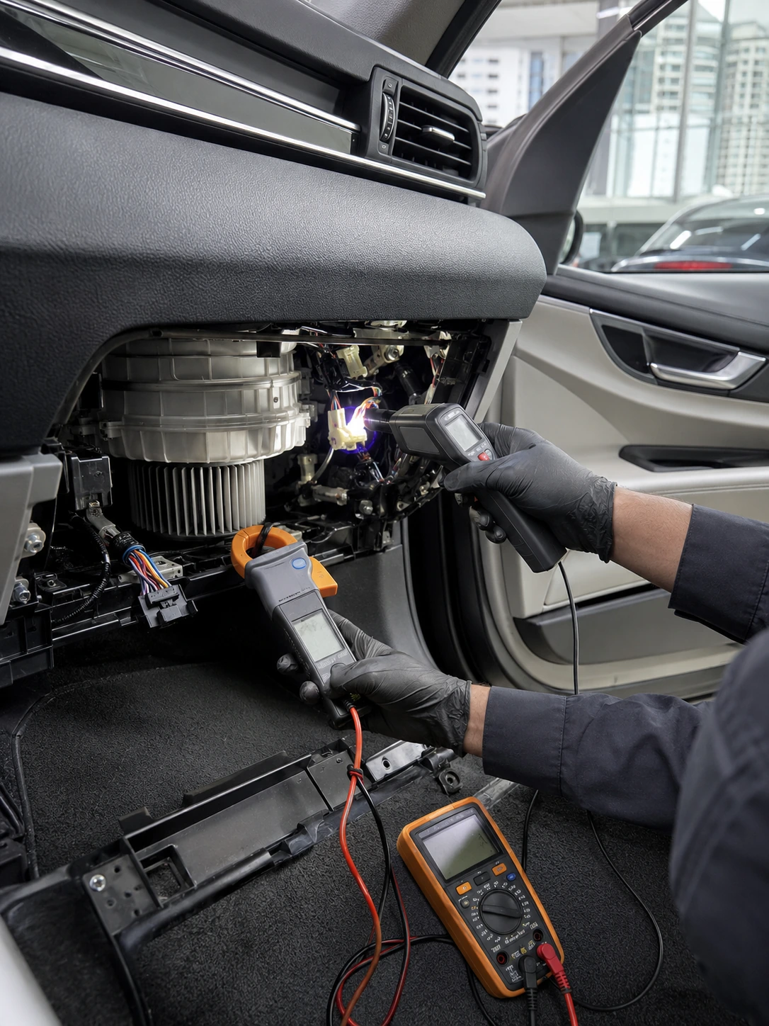 Technician testing blower motor wiring and electrical current in passenger footwell