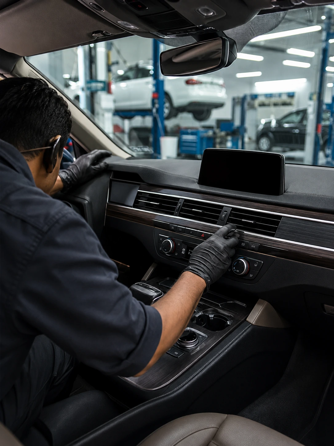 Technician checking dashboard climate controls and vents for a clicking noise inside a modern car