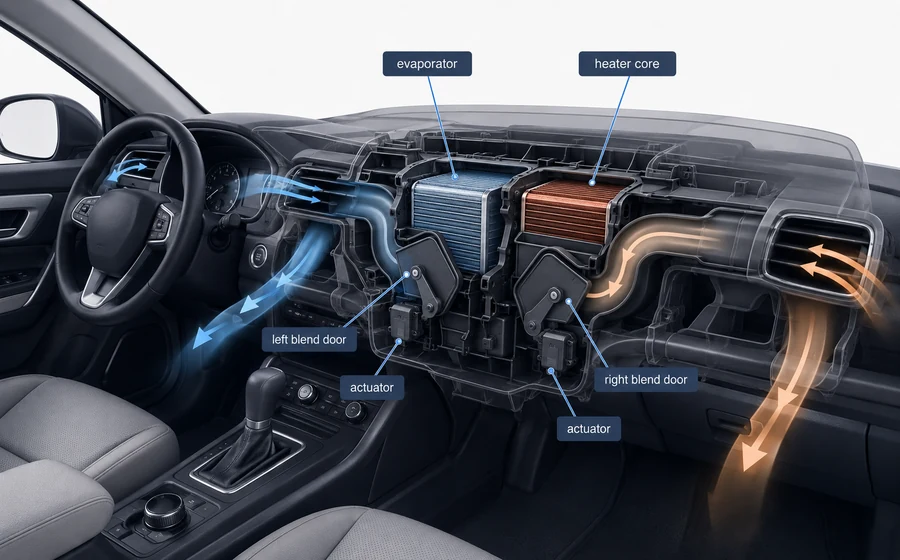 Dual-zone car AC blend-door diagram showing left and right temperature control behind the dashboard