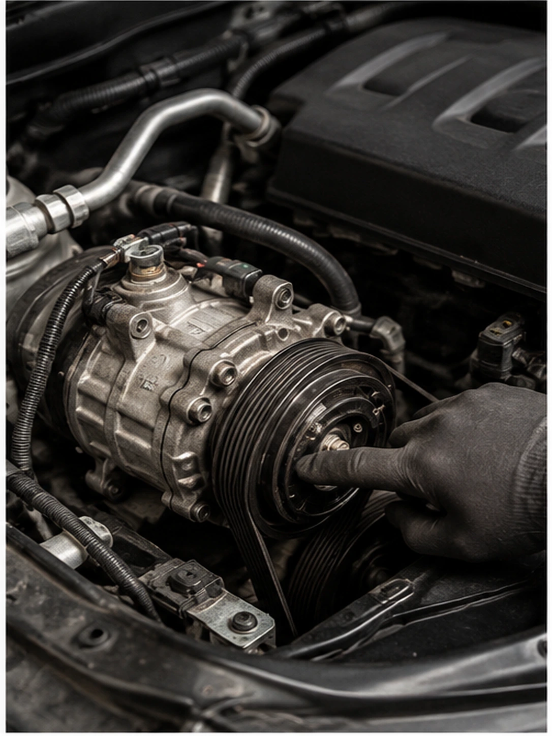 Technician inspecting the car AC compressor belt and pulley drive