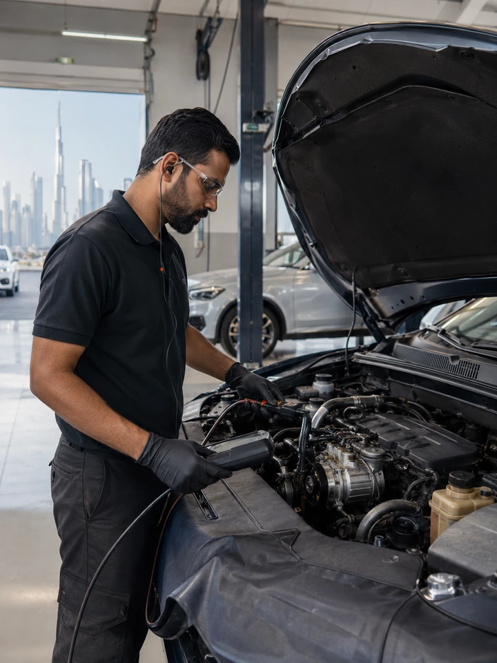 Technician diagnosing a loud car AC compressor noise in the engine bay
