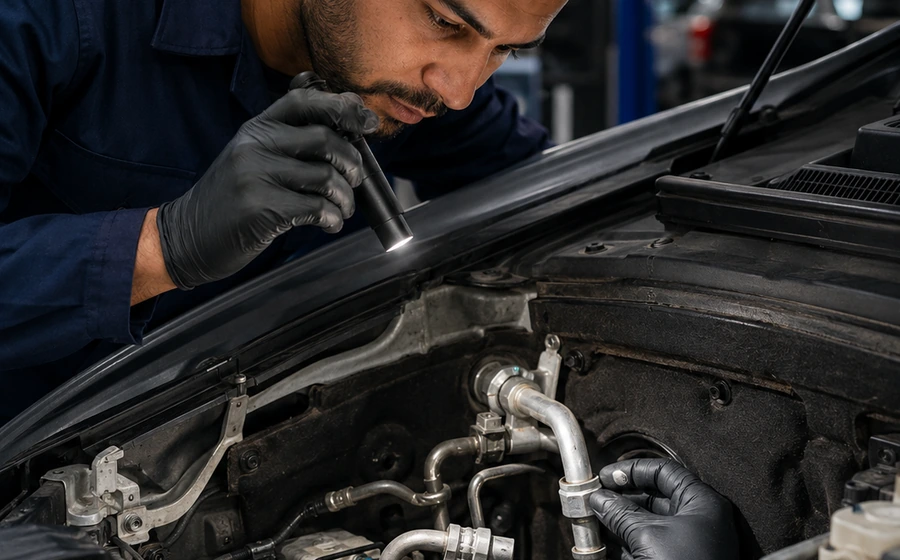 Technician carrying out confirmed car AC compressor repair work
