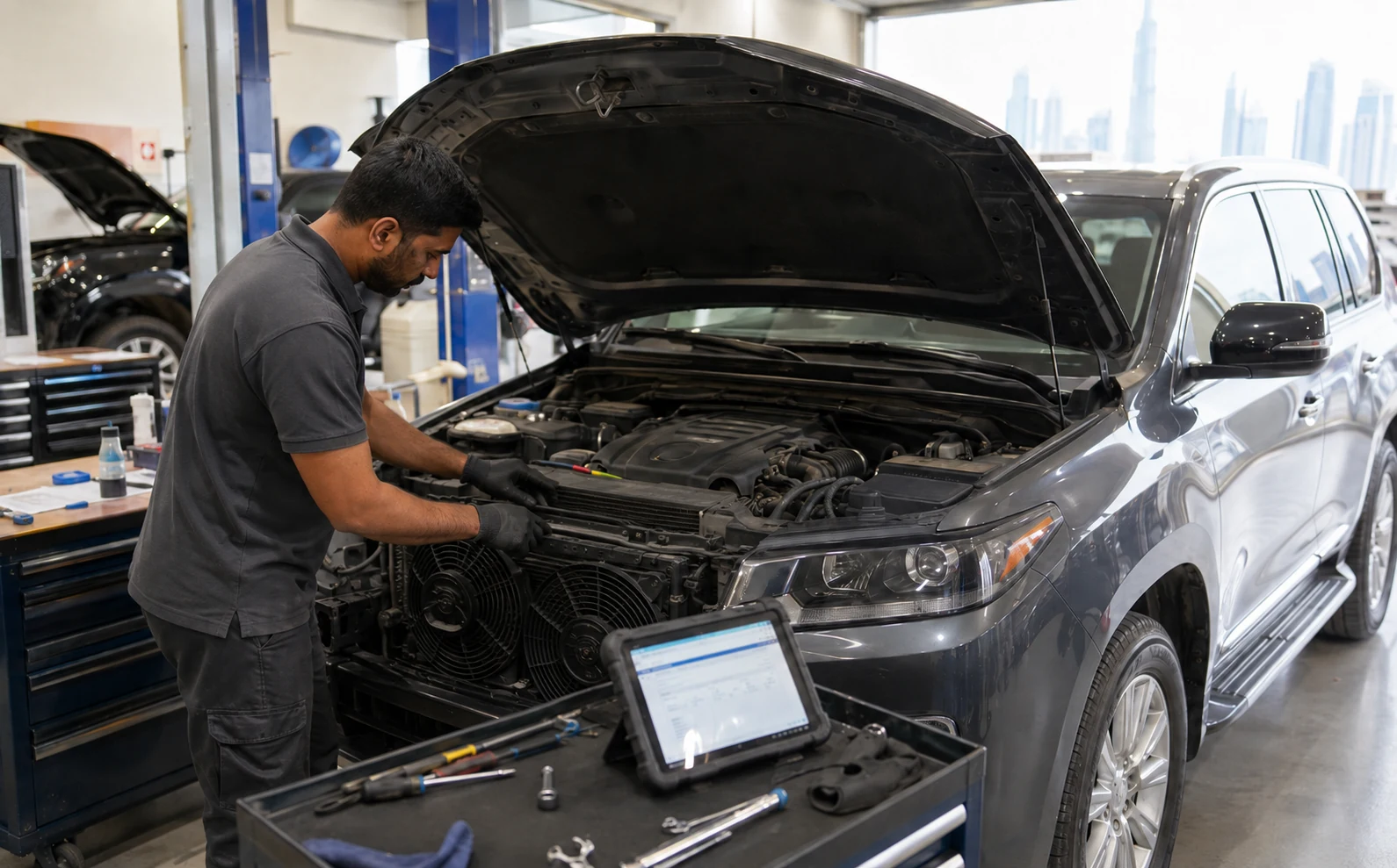 Technician checking condenser cooling fan airflow during car AC diagnosis