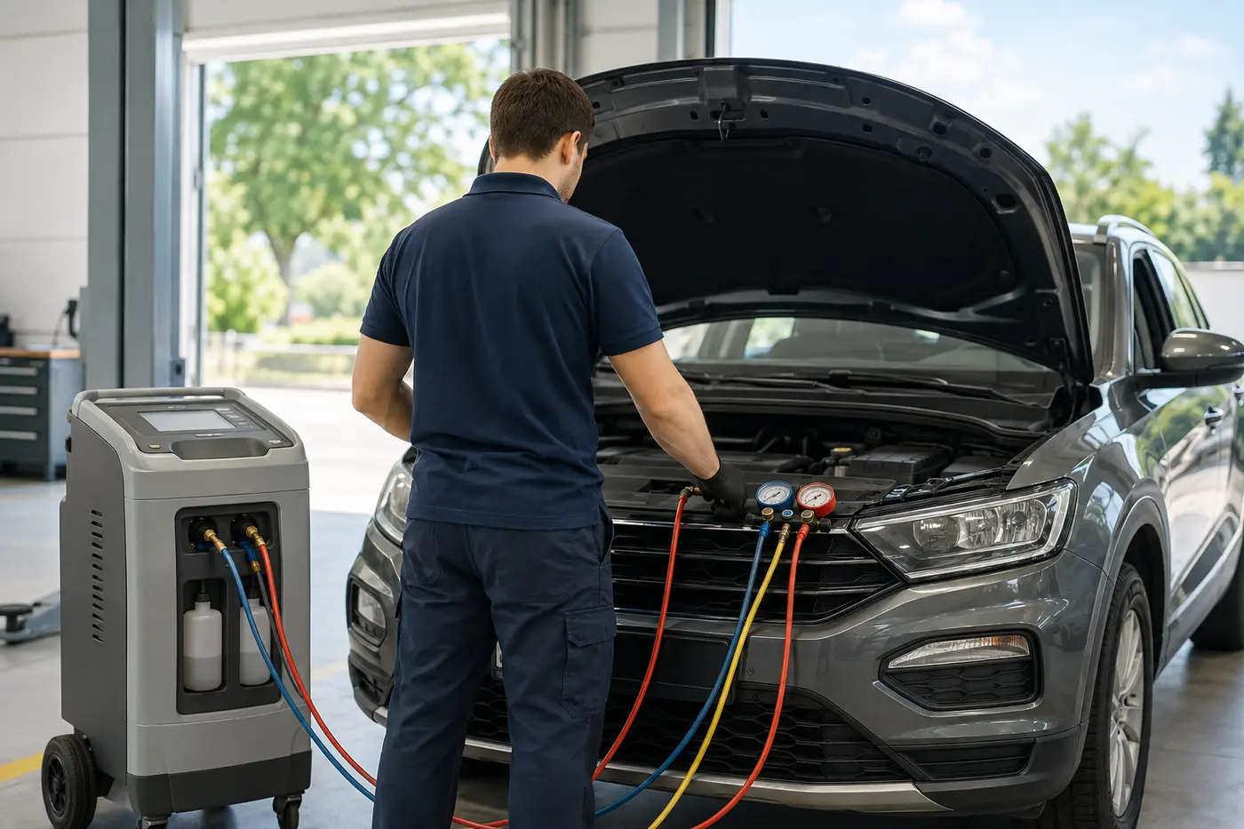 Technician carrying out a daytime car AC performance diagnostic in a service bay