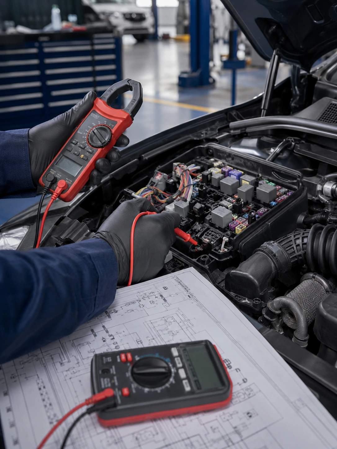 Technician isolating a car AC electrical short with a current clamp and multimeter