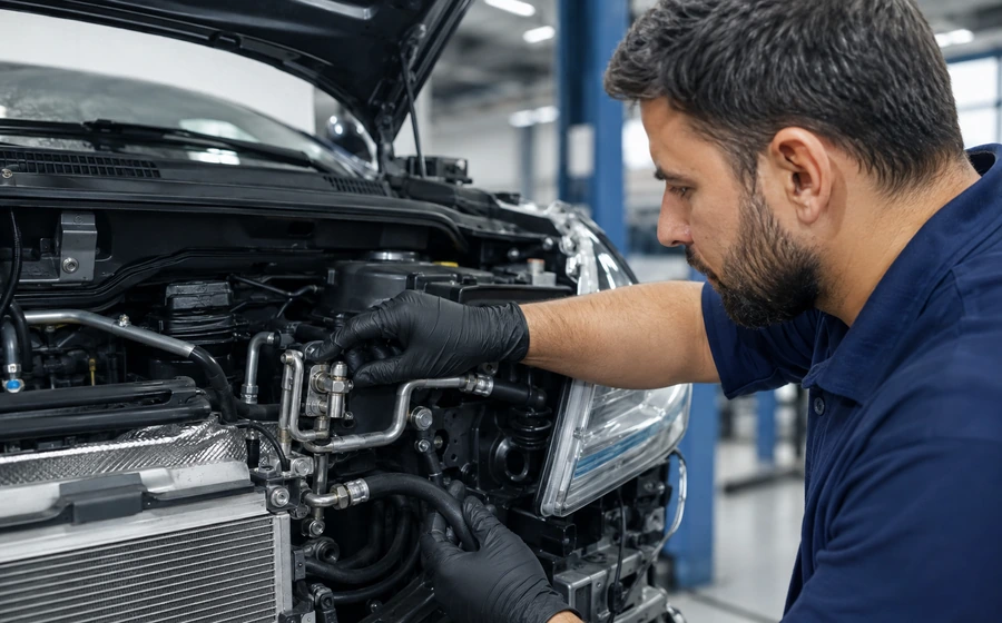 Technician checking car AC refrigerant components and leak points