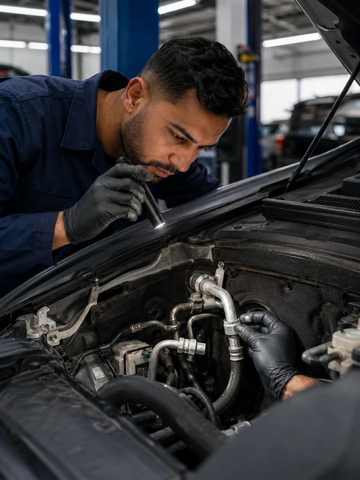 Technician tracing a car AC refrigerant path during leak diagnosis