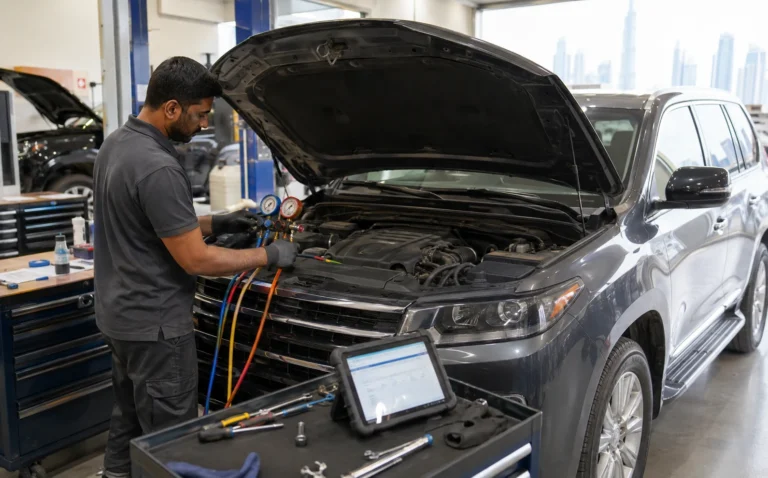 Technician testing car AC refrigerant pressure with manifold gauges