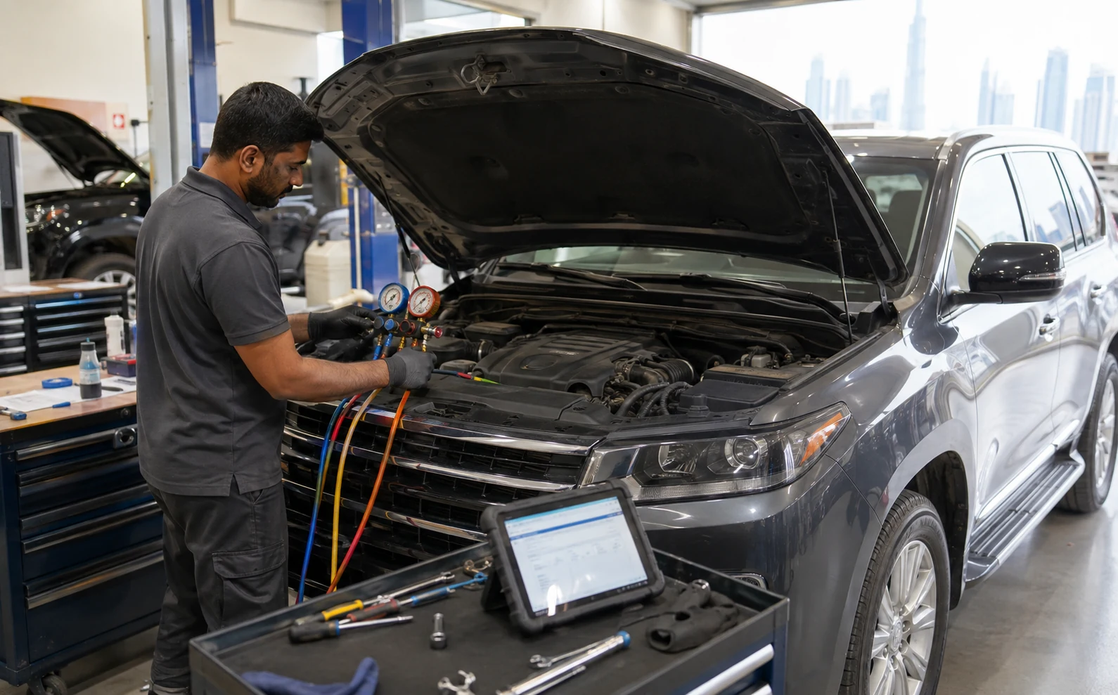 Technician checking car AC low-side and high-side pressure with manifold gauges in a Dubai workshop