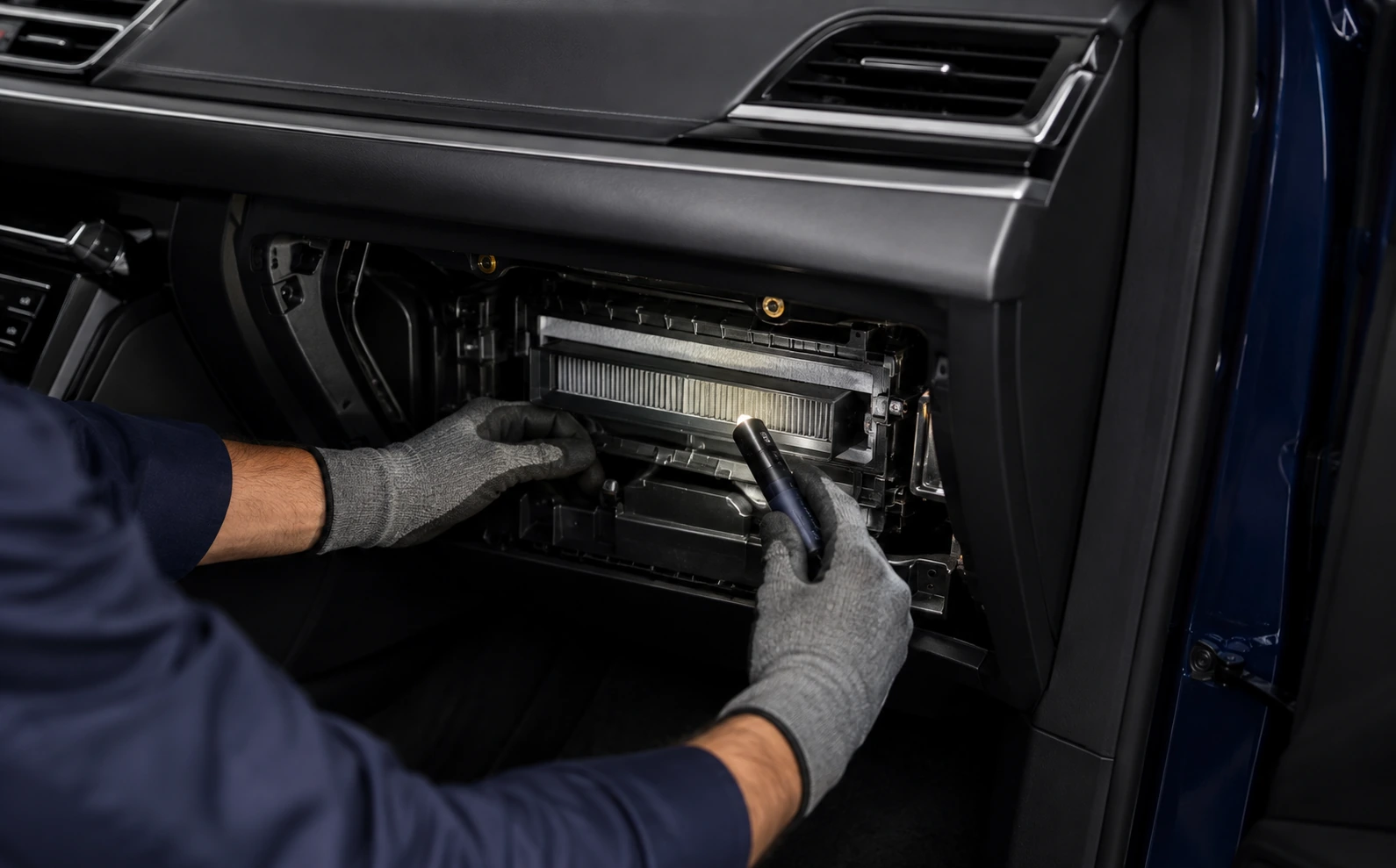 Technician inspecting the cabin air filter housing and evaporator area for a musty car AC smell