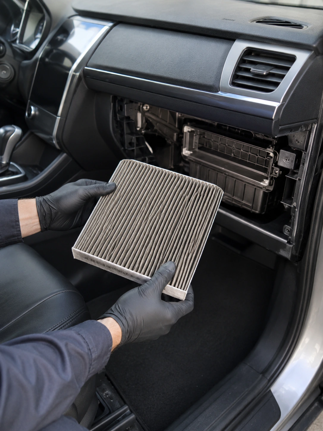Technician examining a used cabin air filter beside the open glovebox during a car AC odour inspection