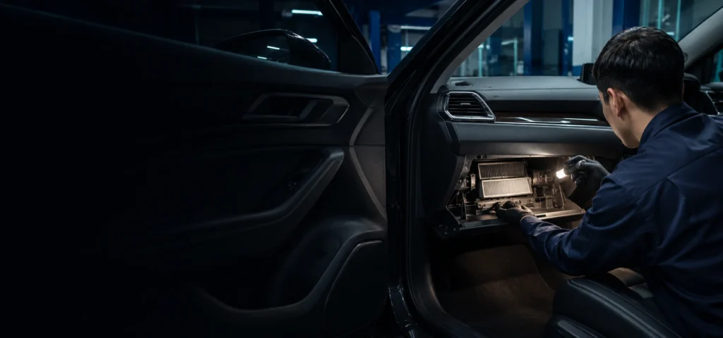 Technician checking the cabin filter housing for the source of a musty car AC smell
