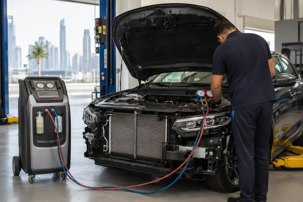 Technician using manifold gauges to diagnose a car air-conditioning system in a workshop