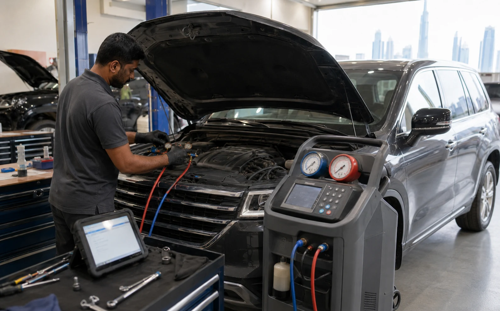 Refrigerant recovery machine connected during proper car AC service in Dubai