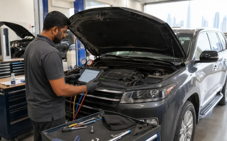 Technician using a scan tool to compare AC pressure sensor data and compressor commands