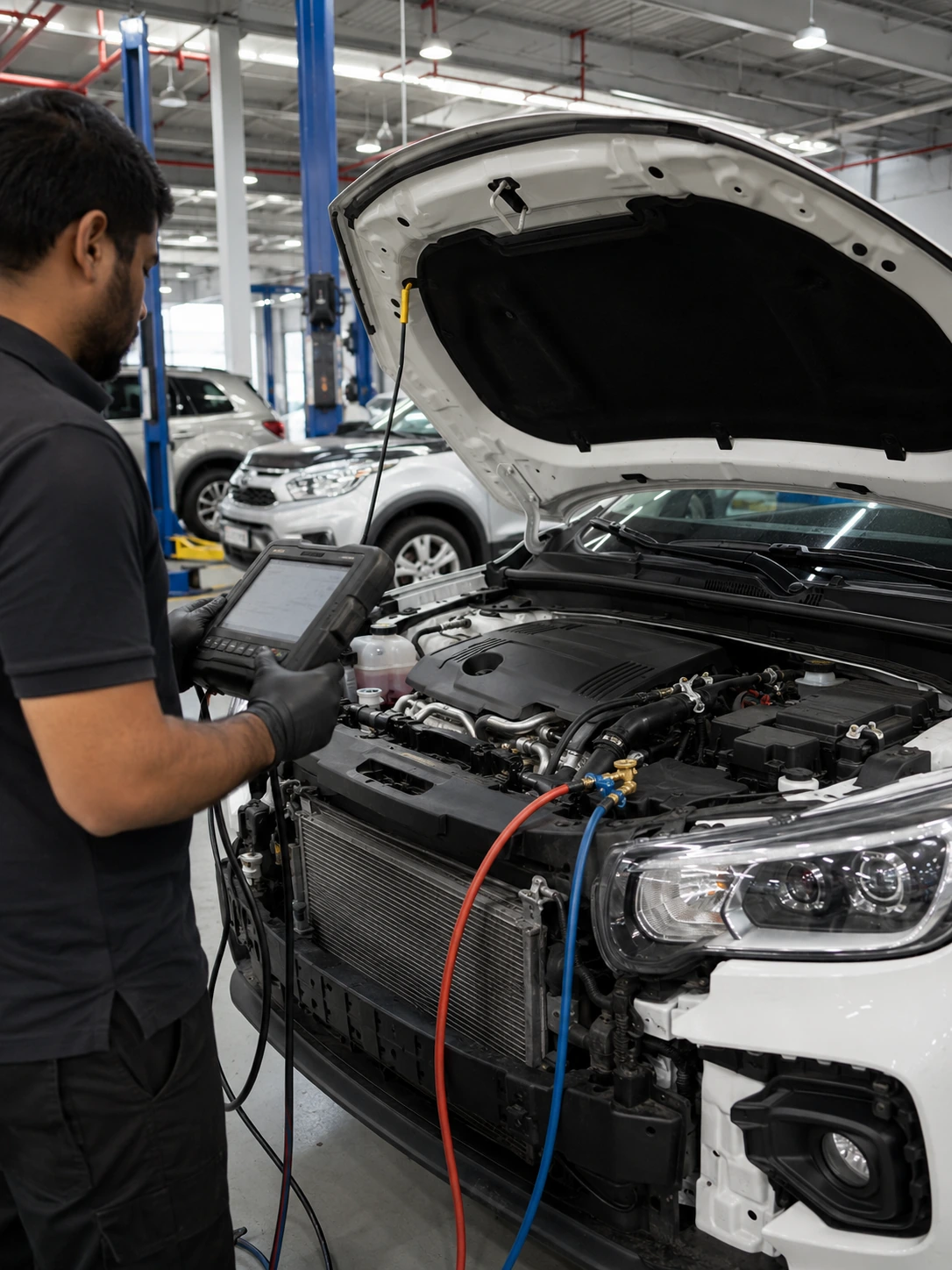 Technician using a scan tool to diagnose car AC cooling at idle