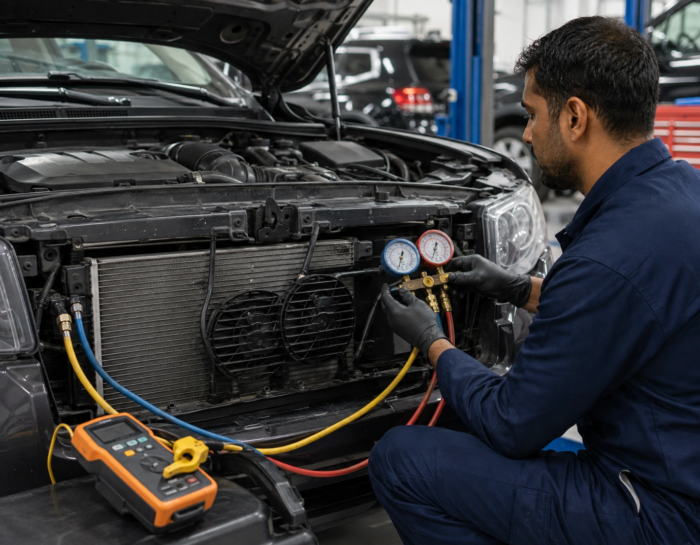 Technician testing car AC condenser airflow and refrigerant pressure in a workshop