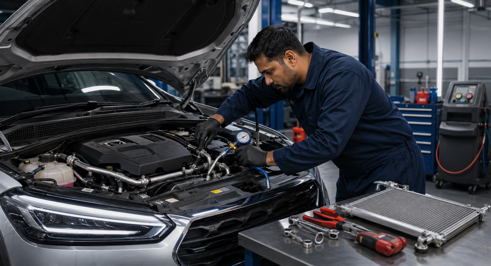 Technician carrying out a confirmed car AC repair after diagnostic testing