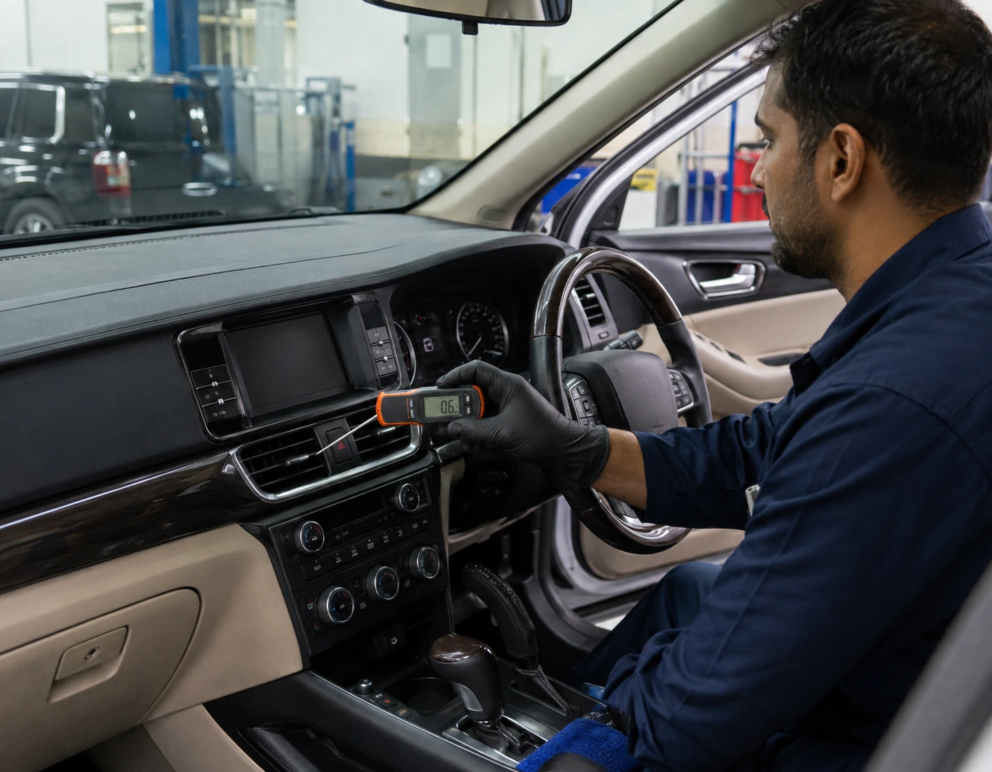 Technician checking car AC vent temperature and weak airflow during evaporator freeze-up diagnosis