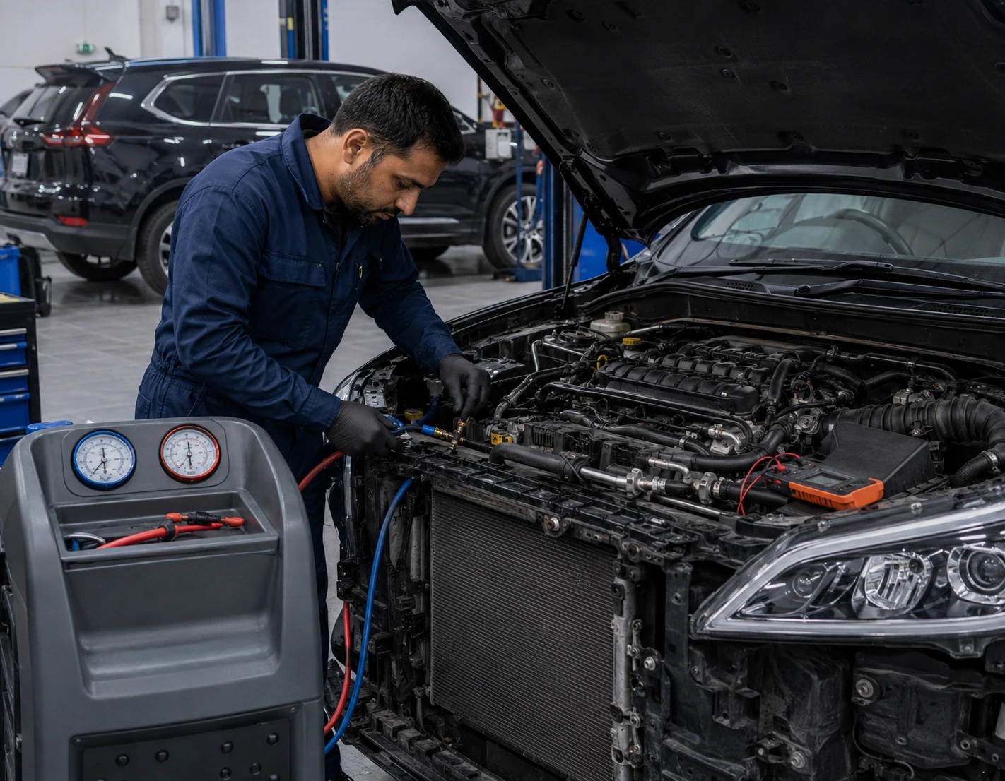 Technician diagnosing an intermittent car AC fault with refrigerant and engine bay test equipment