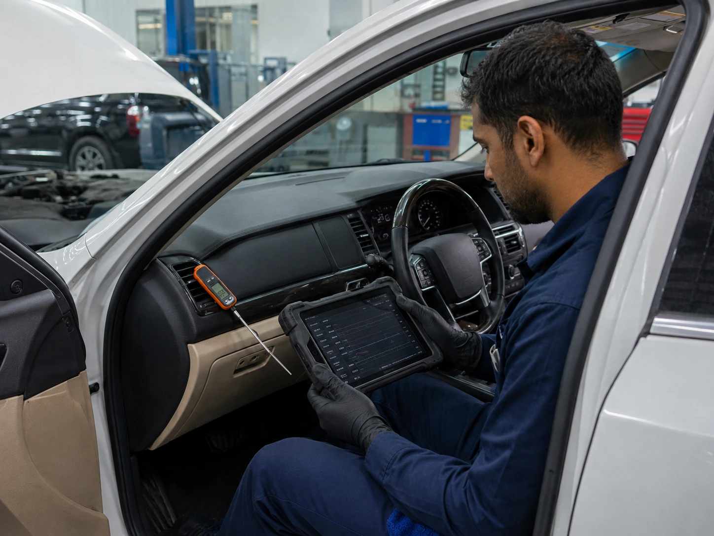 Technician capturing live car AC diagnostic data while testing an intermittent cooling failure