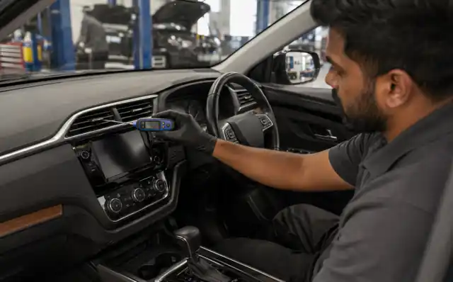 Technician measuring the temperature from a car air-conditioning vent