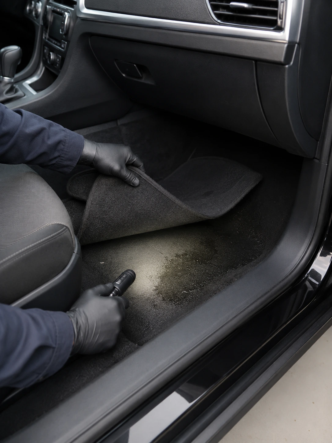 Technician lifting the passenger floor mat to inspect damp carpet from a possible car AC water leak