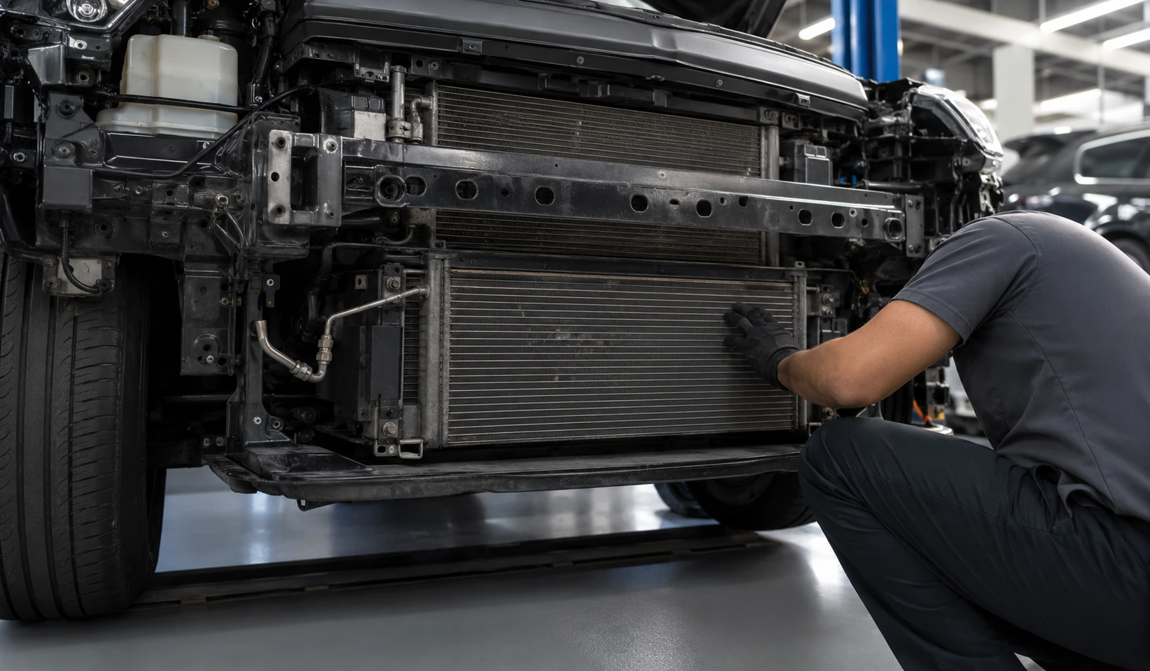 Technician inspecting the condenser radiator and front cooling stack