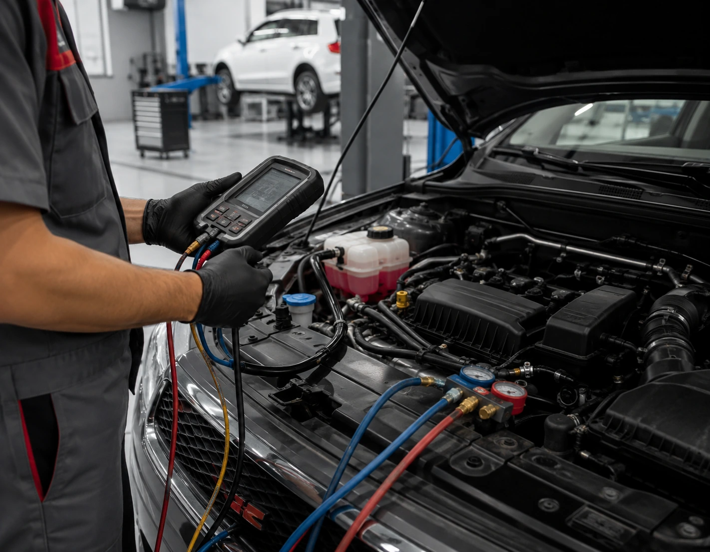 Technician monitoring engine temperature and AC pressure during an overheating diagnosis