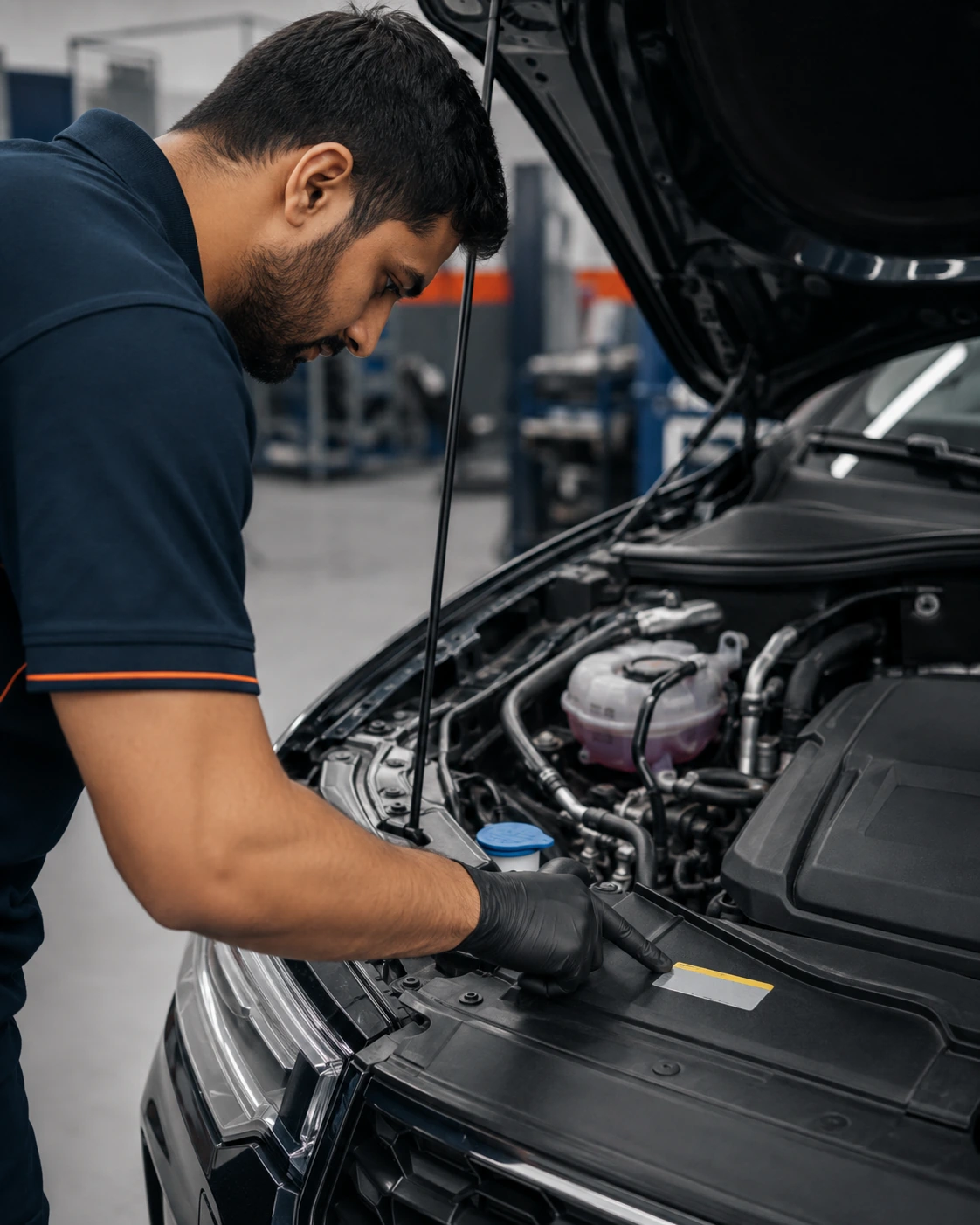 Technician checking the under-bonnet AC refrigerant label before a regas