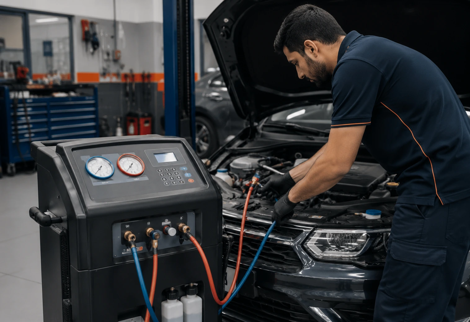 Technician using a car AC service machine for a measured regas in a Dubai workshop