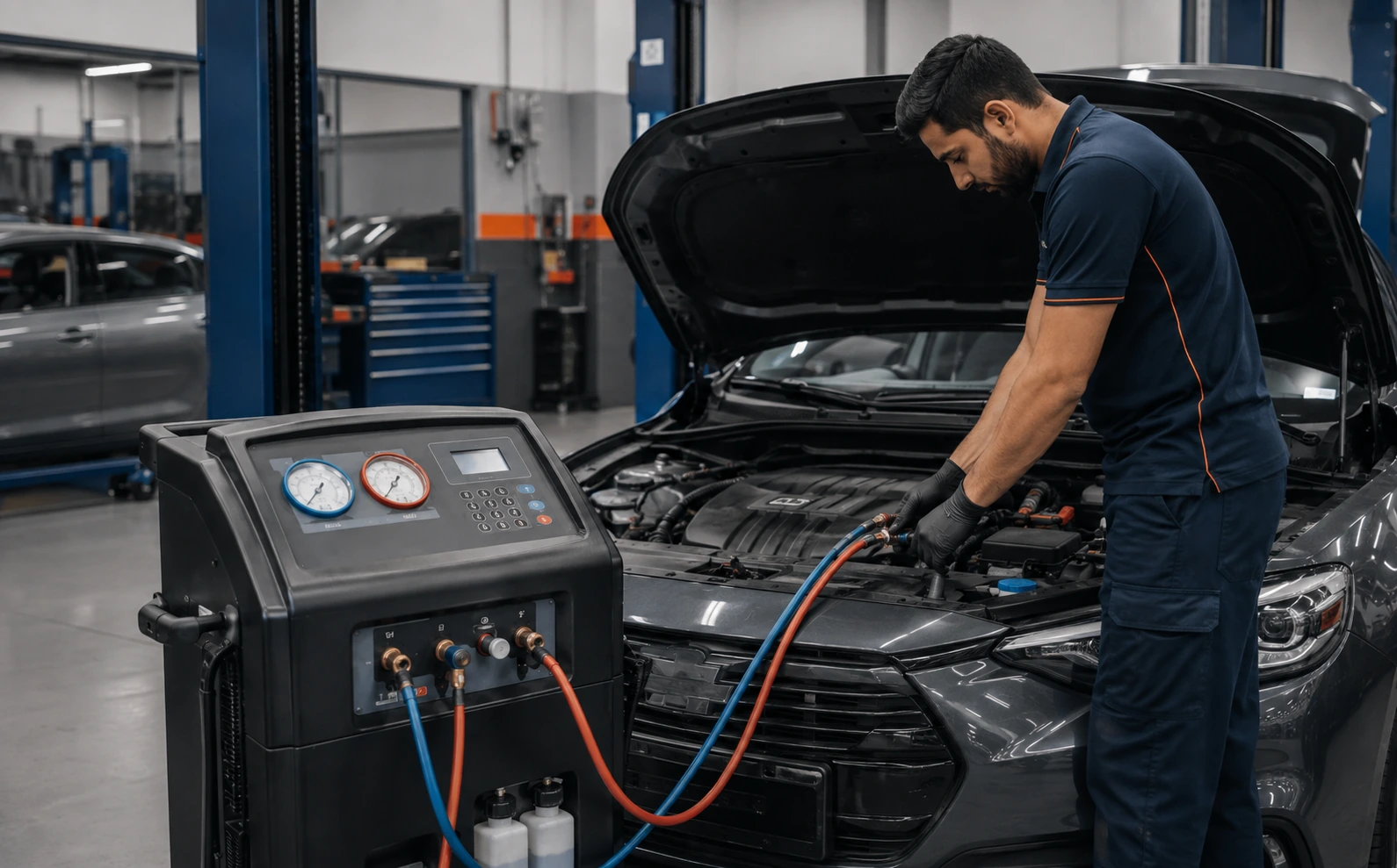 Professional car AC regas service with refrigerant equipment in a Dubai workshop