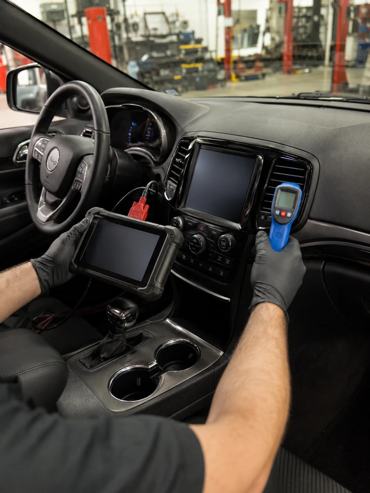 Dodge and Jeep climate control electrical diagnostic with scan tool and vent thermometer