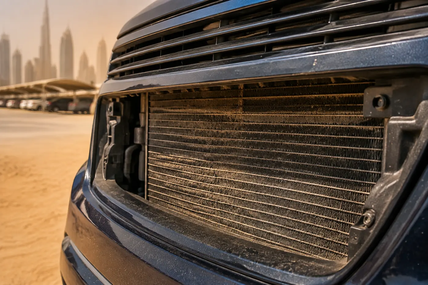 Technician inspecting dusty car AC condenser airflow in a Dubai workshop