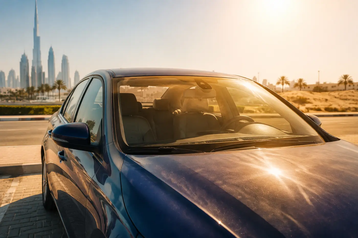 Car parked in Dubai summer sun showing cabin heat soak before AC cooling begins