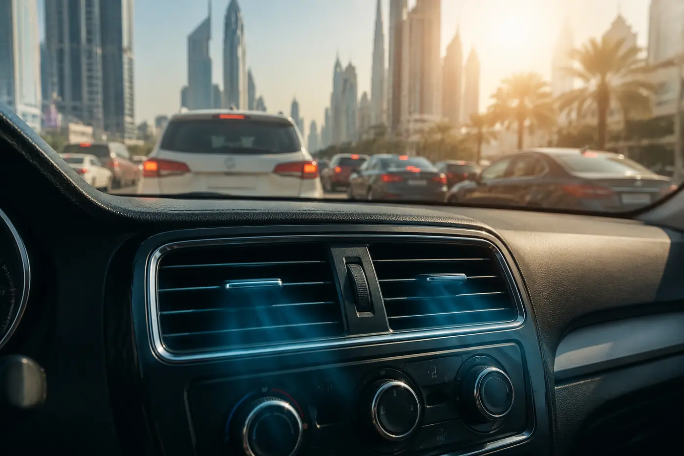 Car AC vents facing slow Dubai traffic during hot afternoon cooling load