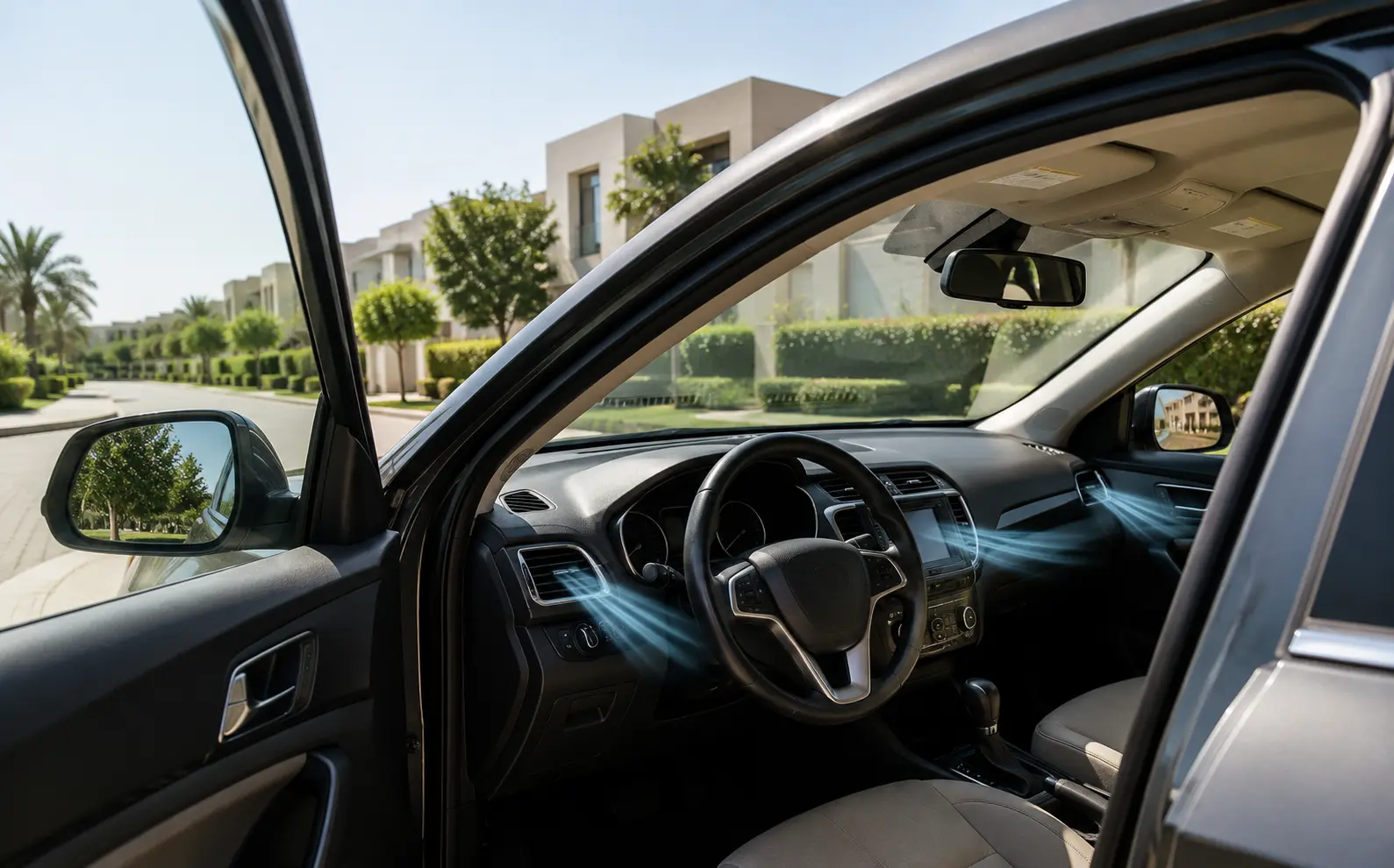 Sunlit family SUV cabin after outdoor parking in Dubai Hills