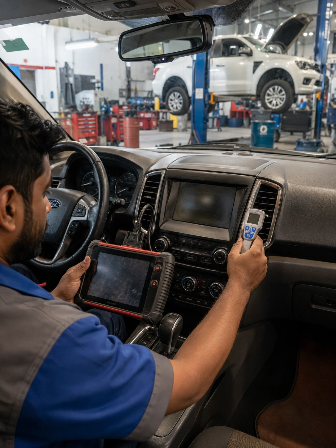 Ford climate-control AC diagnostic in a Dubai workshop