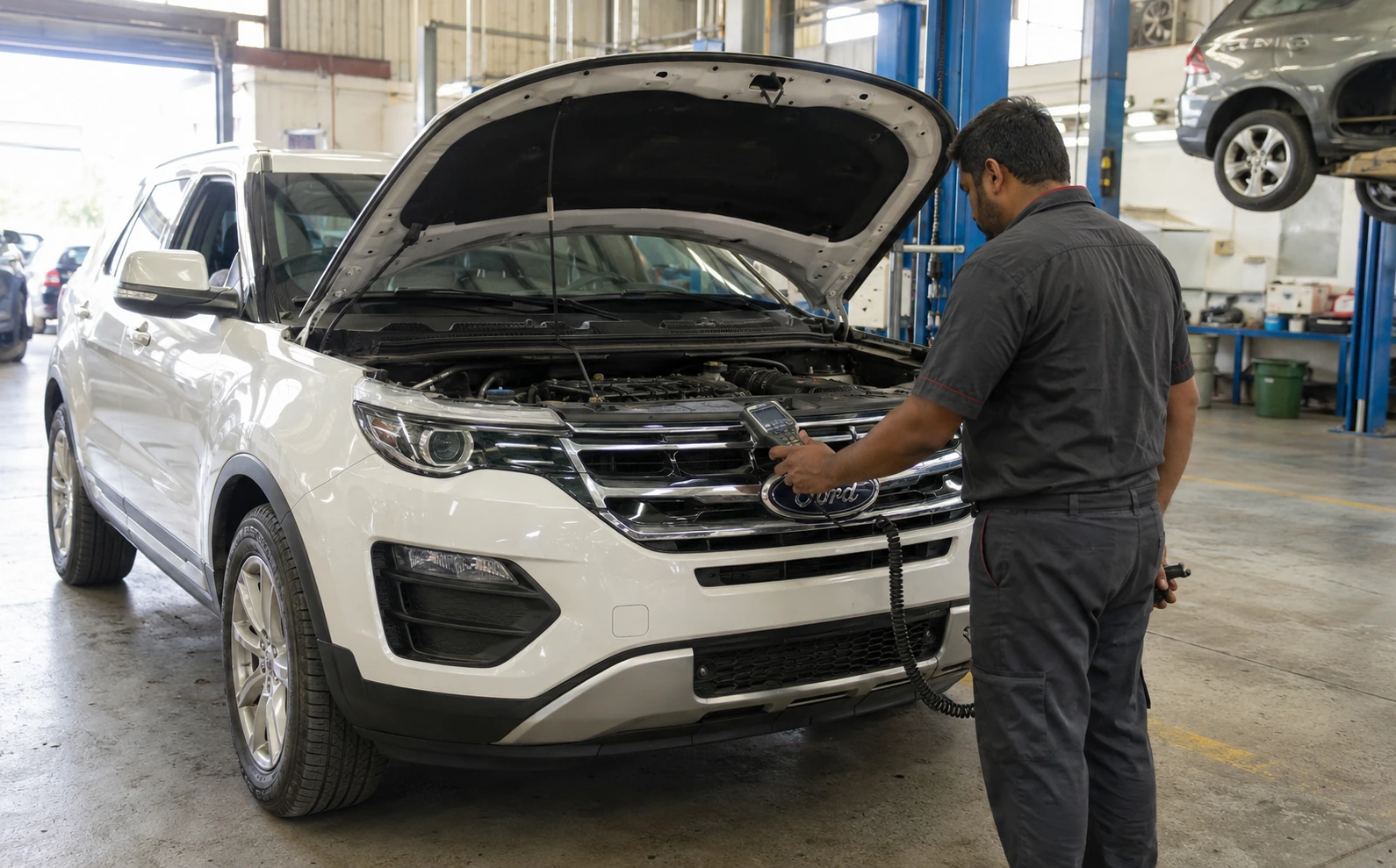 Ford AC cooling diagnostic in a Dubai workshop