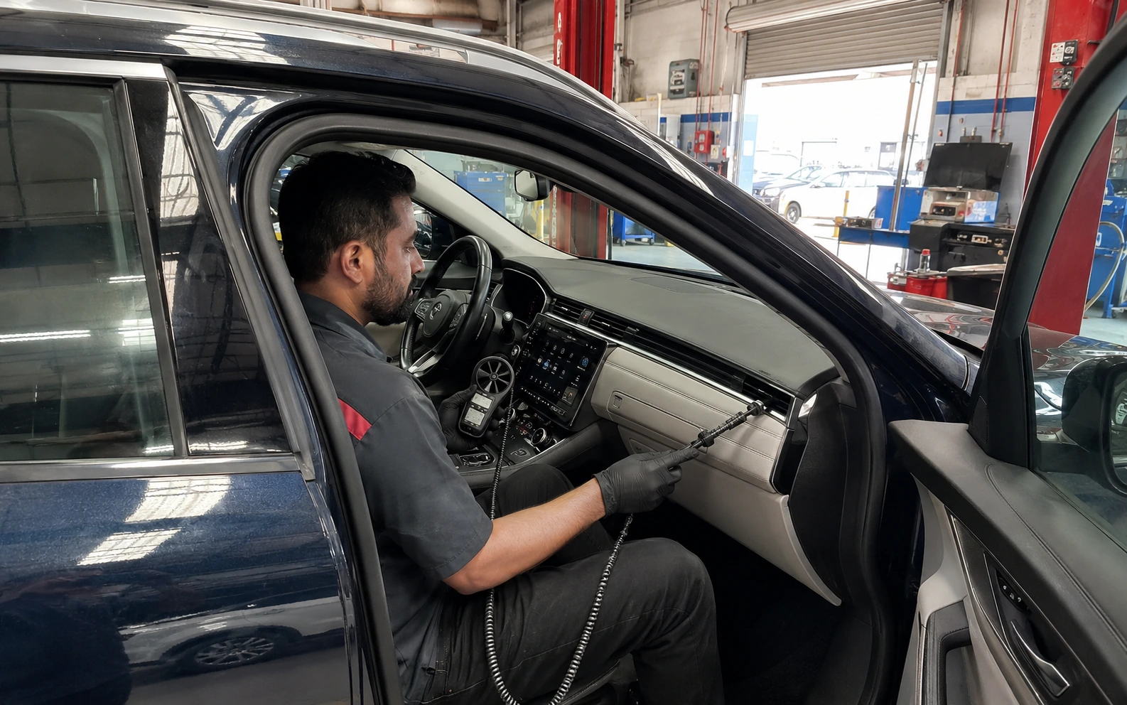 Jaguar cabin AC performance check in a Dubai workshop