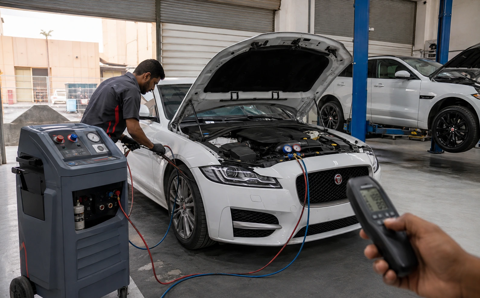 Jaguar AC system and climate-control diagnostic in a Dubai workshop
