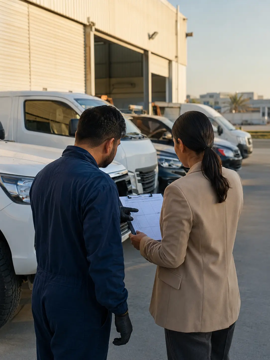 Fleet coordinator and technician reviewing vehicles in an industrial yard