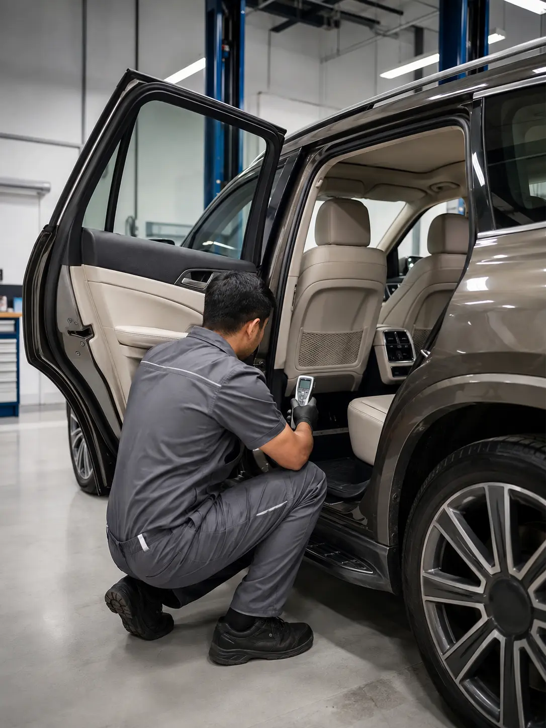 Technician checking rear-zone AC airflow in a family SUV